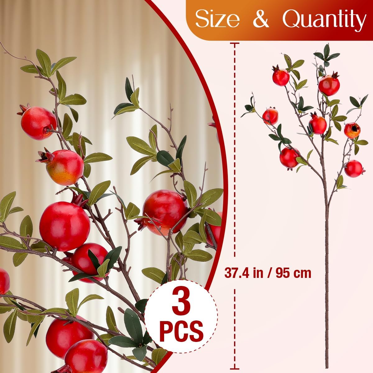 Gresorth Artificial Pomegranate Branches 3pcs Lifelike Decoration