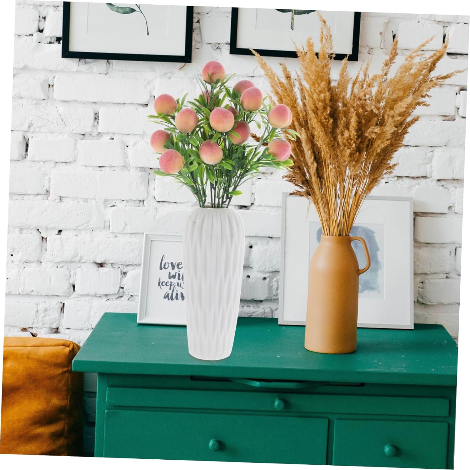 Artificial Peach Branches Vase Decor Set