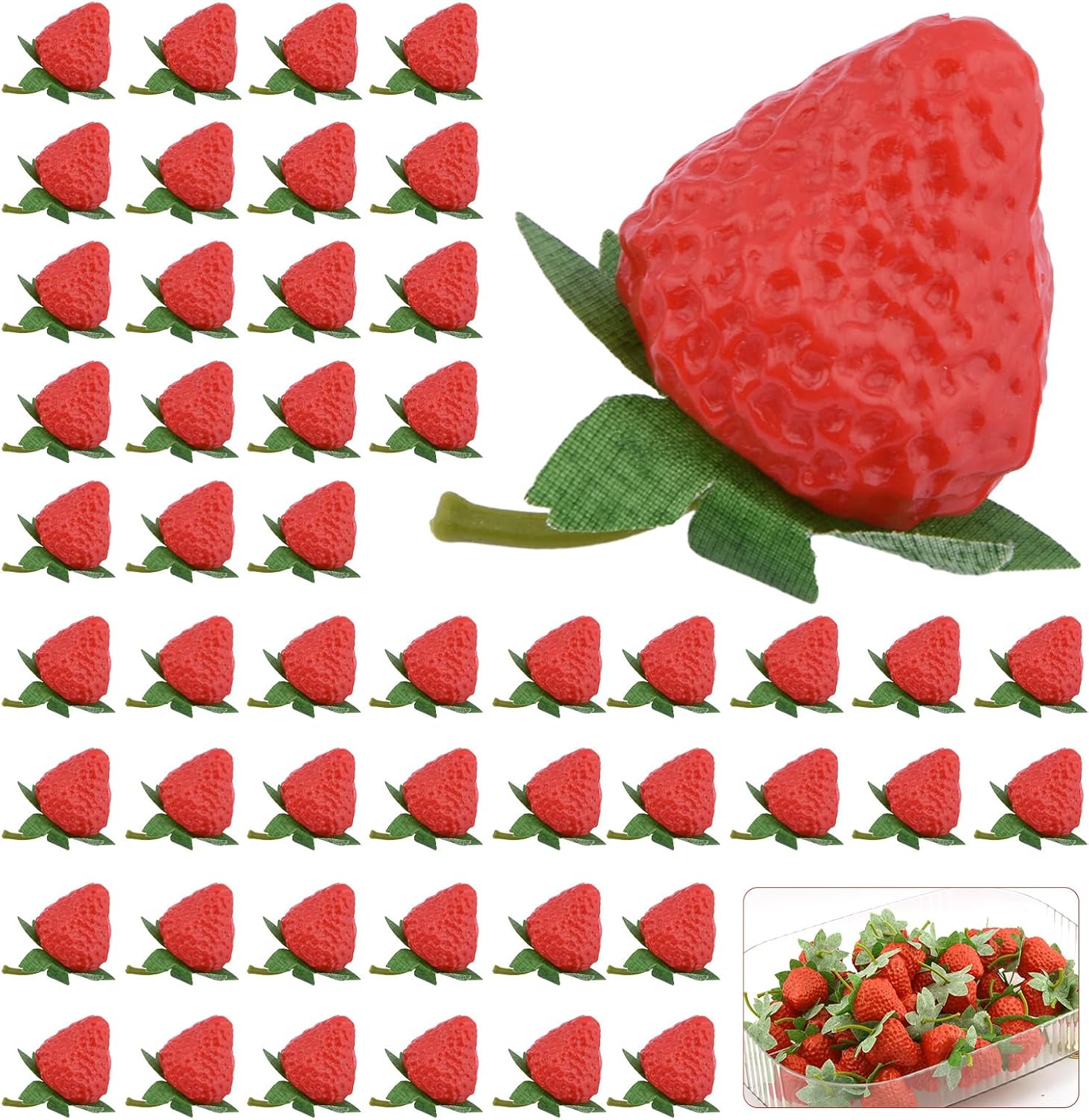 50-Piece Realistic Fake Strawberries with Stems and Leaves