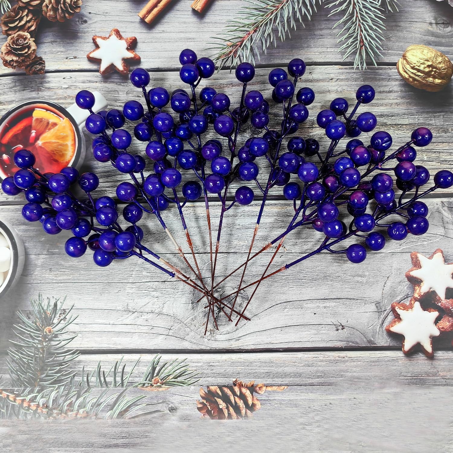Artificial Purple Blue Berries Stems 24pcs Christmas Decor