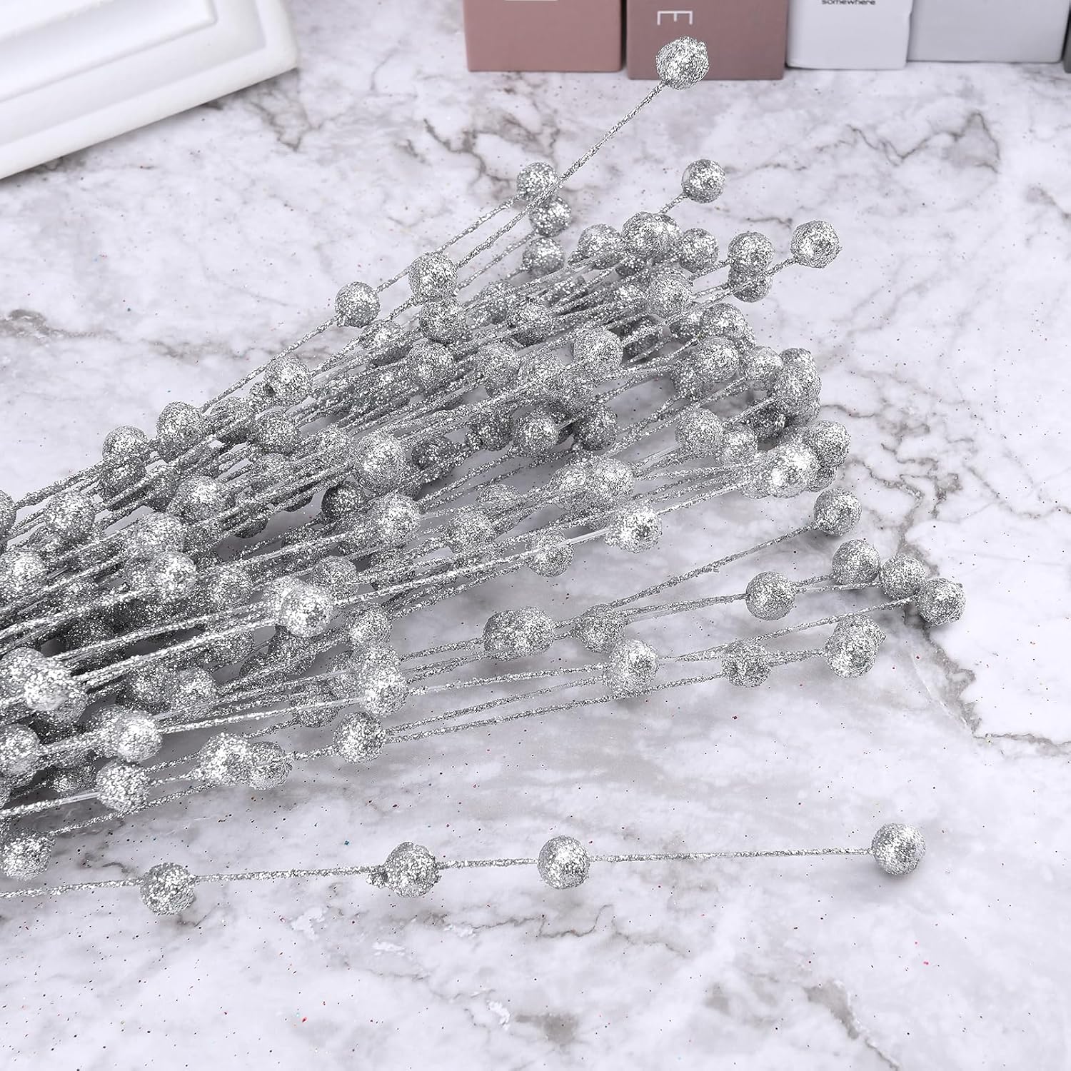 50Pcs Glitter Berry Stem Ornaments 157in Silver Christmas Decor