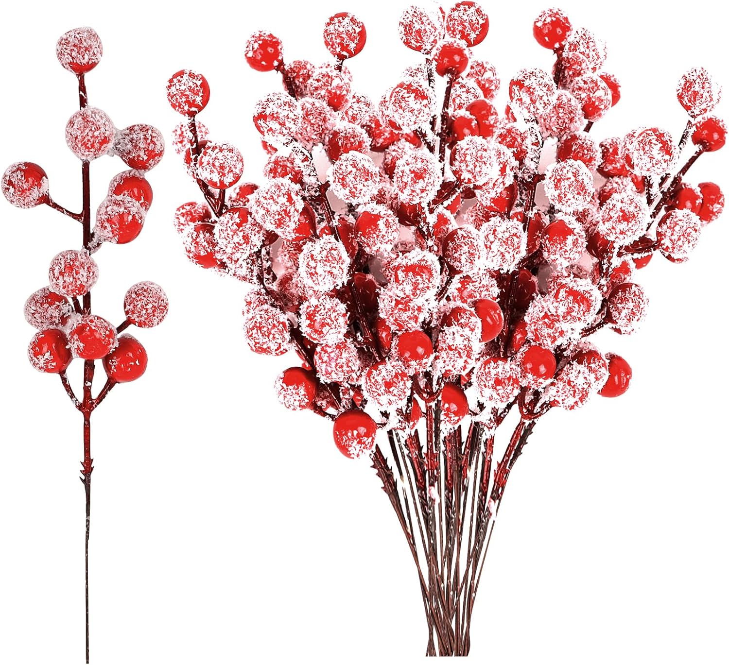 FOIMAS Artificial Snowy Red Berry Stems 24 Pack