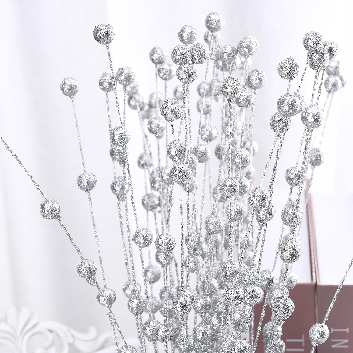 50Pcs Glitter Berry Stem Ornaments 157in Silver Christmas Decor