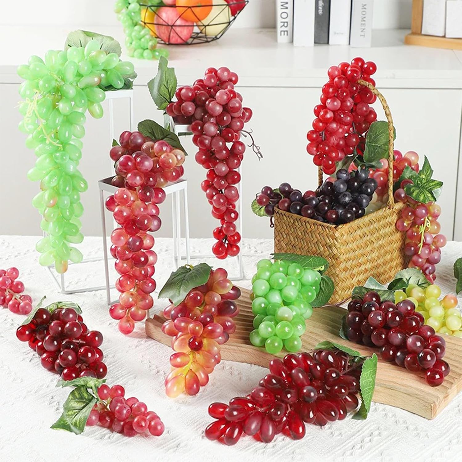 Woohome 8 Bunches Artificial Red Grapes with Vines