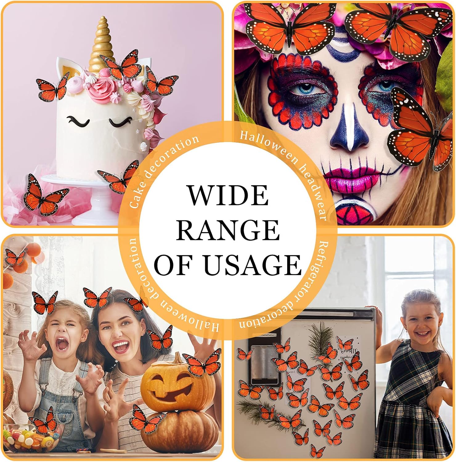 Monarch Butterfly Wall Decor Halloween 3D Orange Artificial 48 Pieces