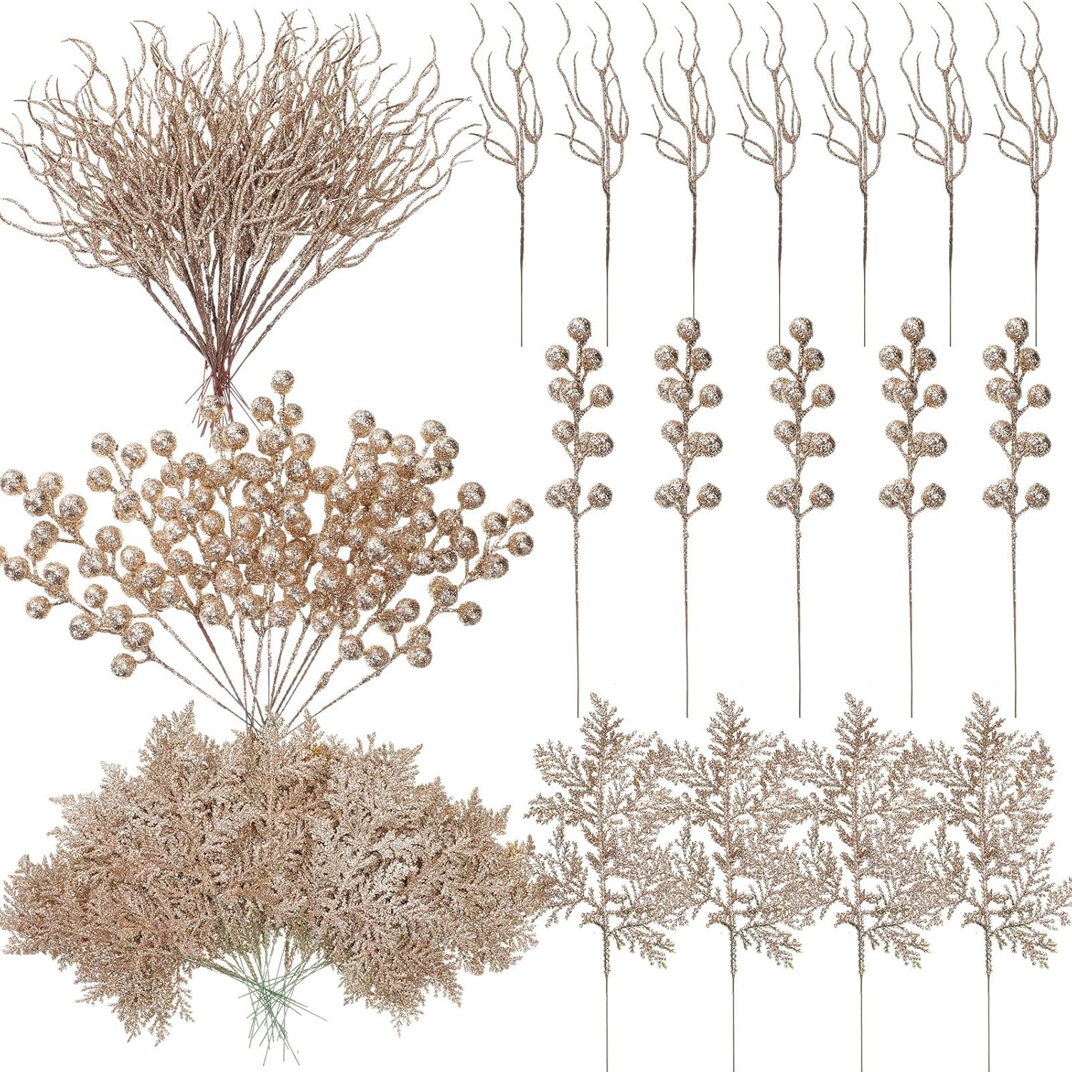 75 Pcs Champagne Gold Christmas Glitter Branches