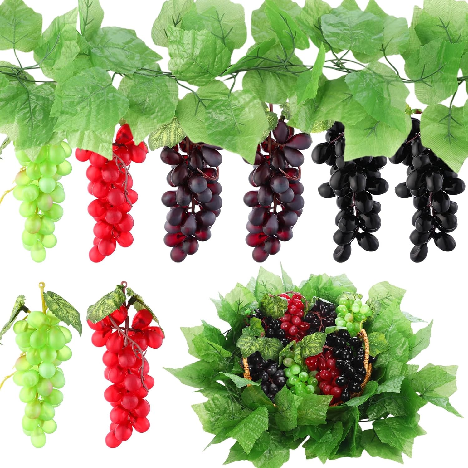 8 Bunches Artificial Grape with 2 Pcs Artificial Vines Decor