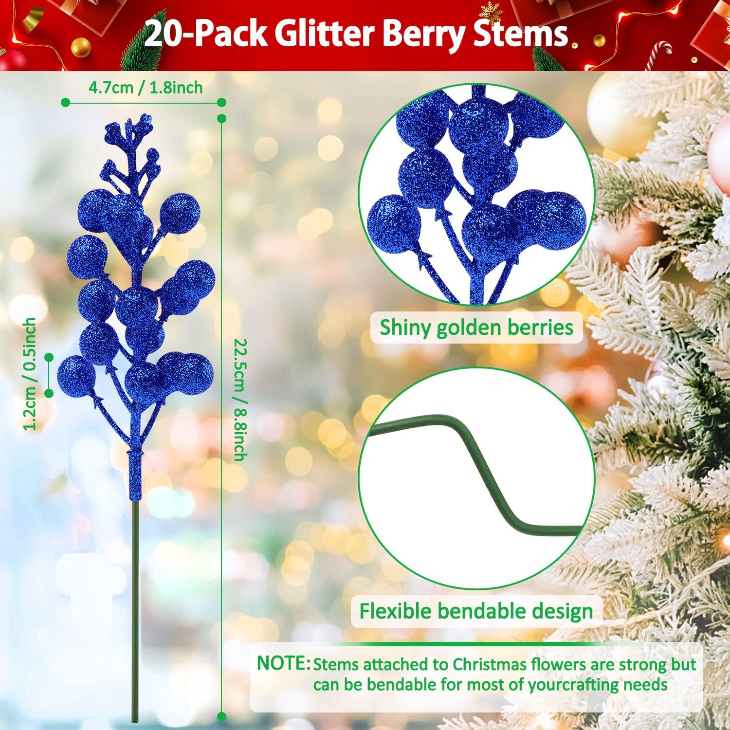 20 Pack 78 Inch Royal Blue Christmas Glitter Berries Stems