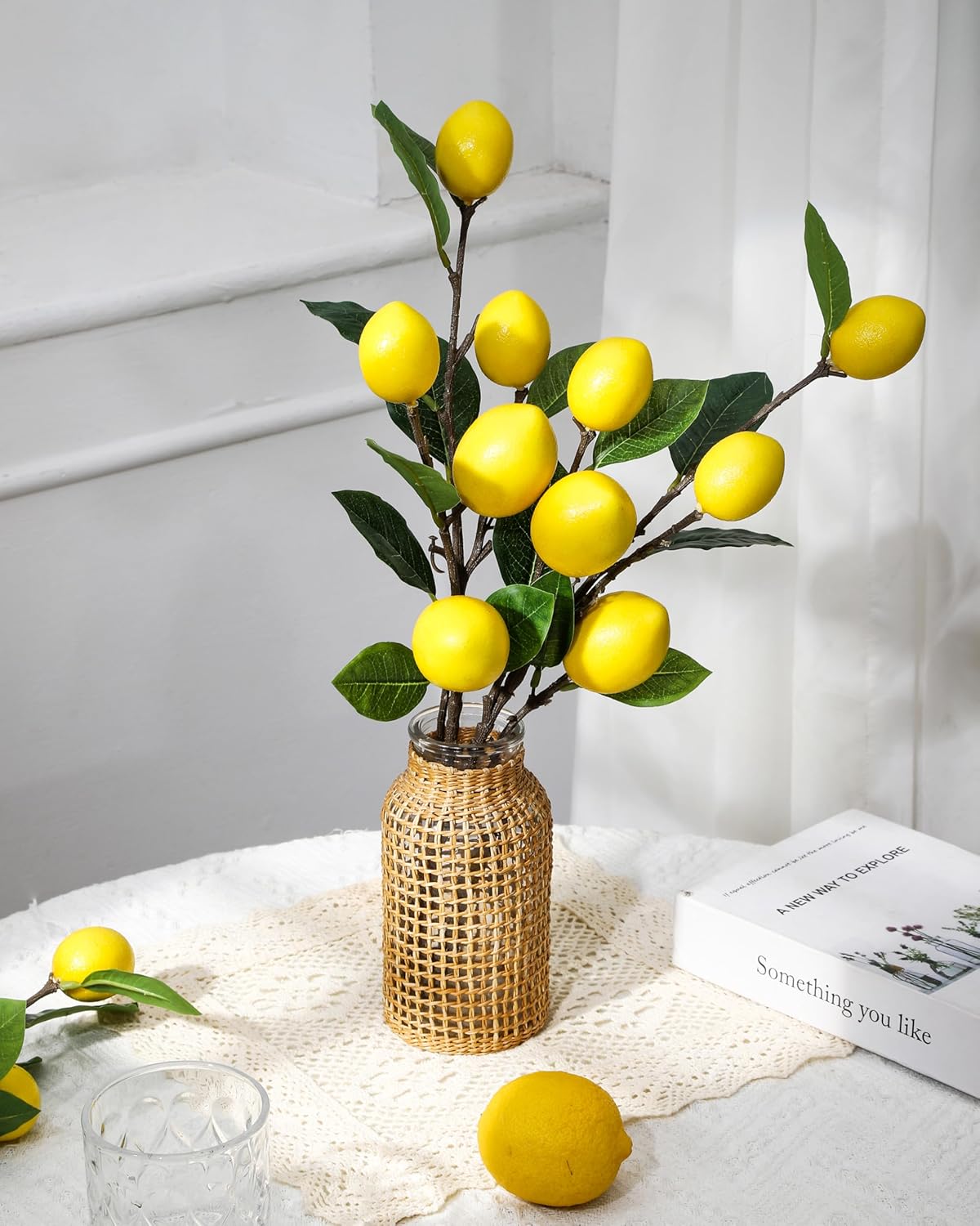 DuHouse 3 Pcs Artificial Lemon Branches with Stems
