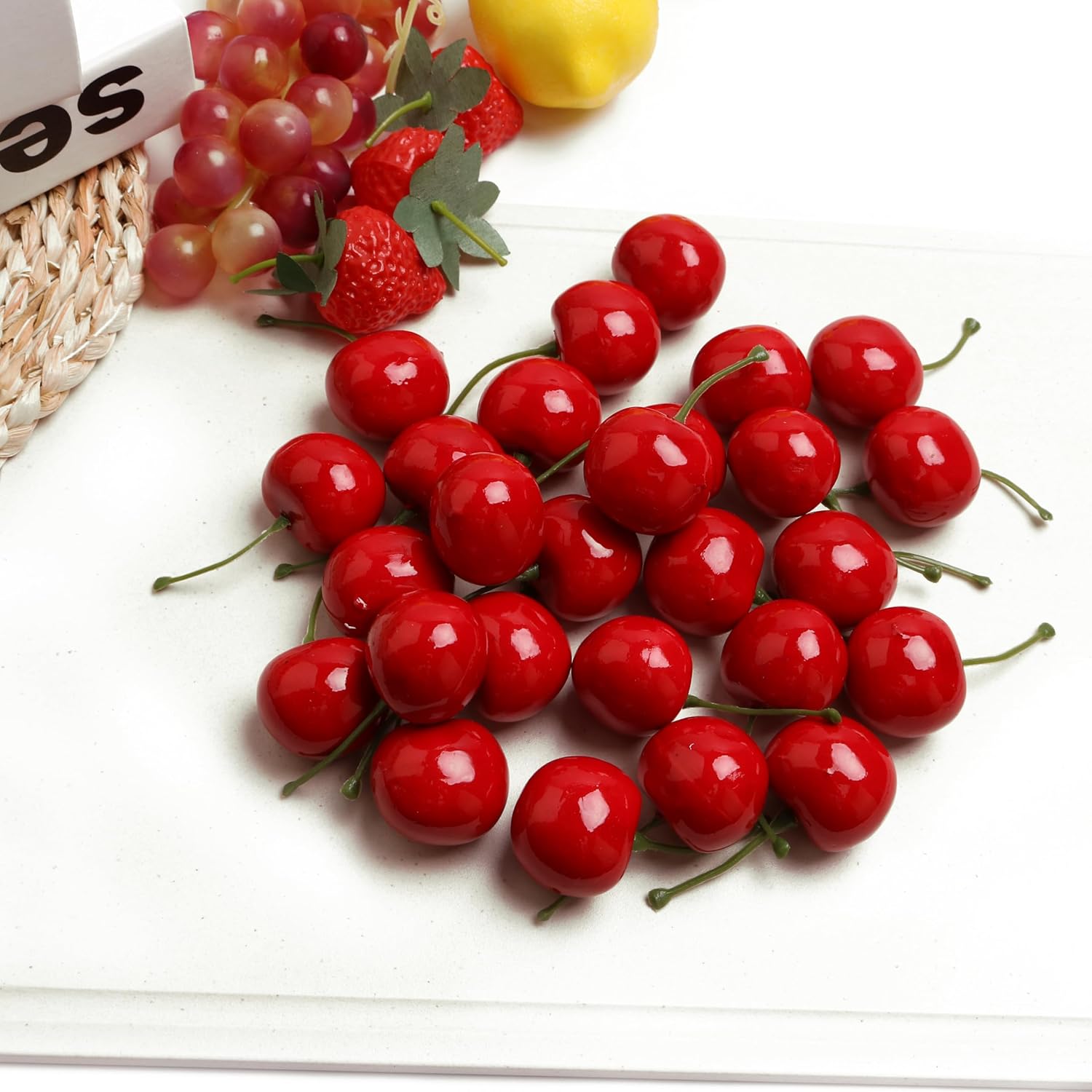 50PCS Realistic Artificial Red Cherries for Decorations
