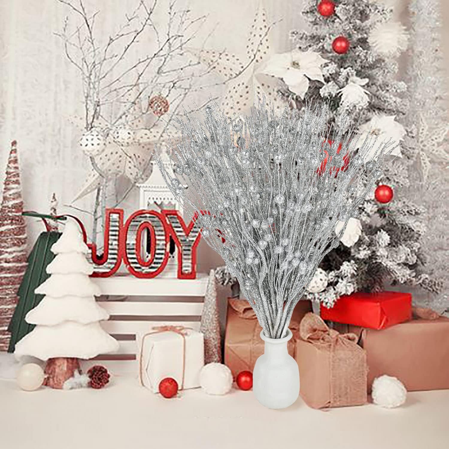 Lvydec 22pcs Christmas Glitter Berries Stems Silver