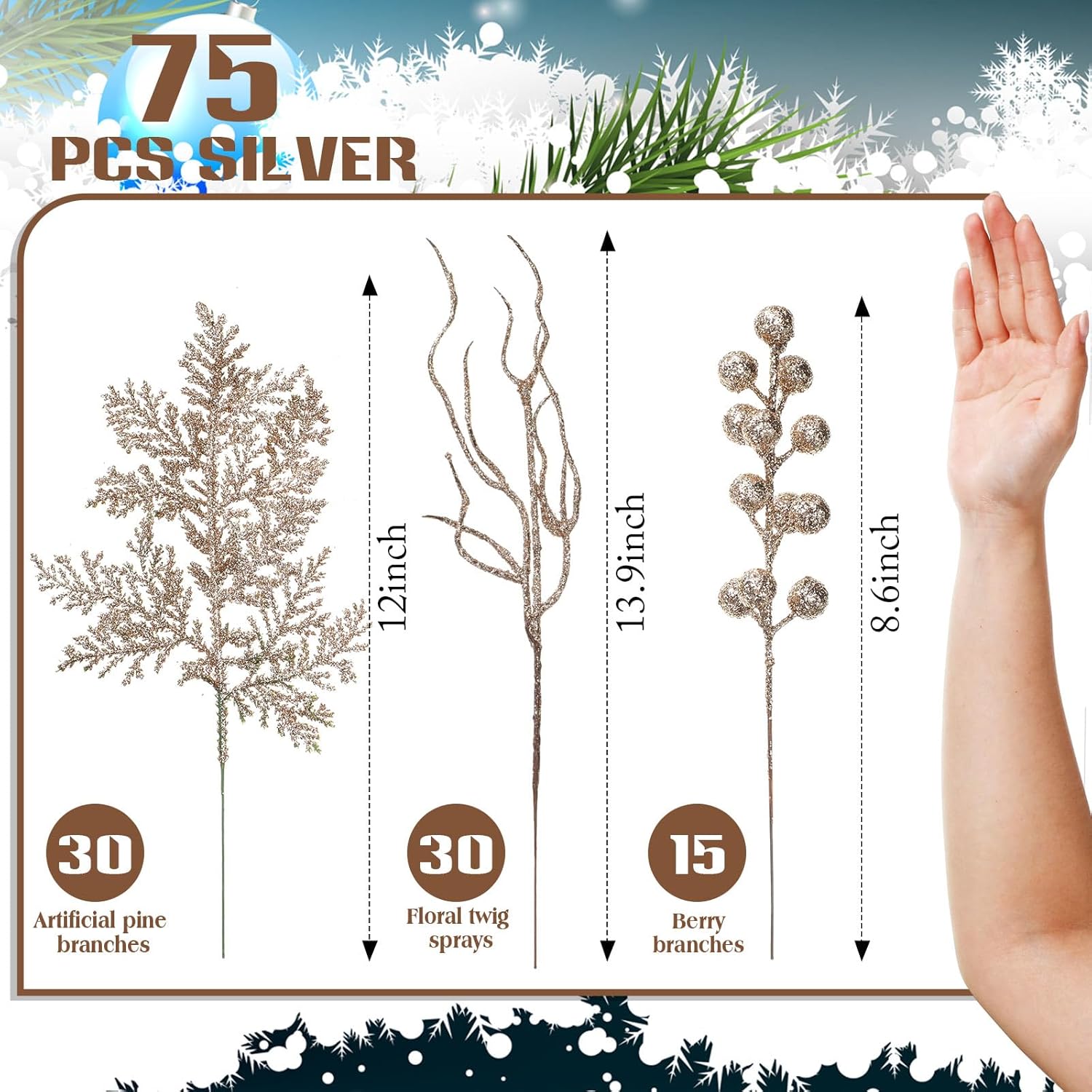 75 Pcs Champagne Gold Christmas Glitter Branches