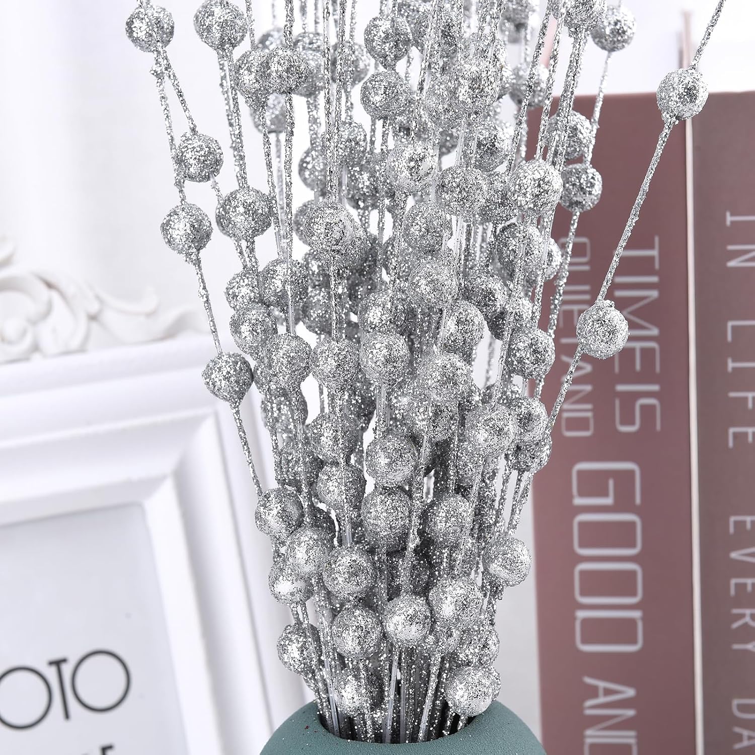 50Pcs Glitter Berry Stem Ornaments 157in Silver Christmas Decor