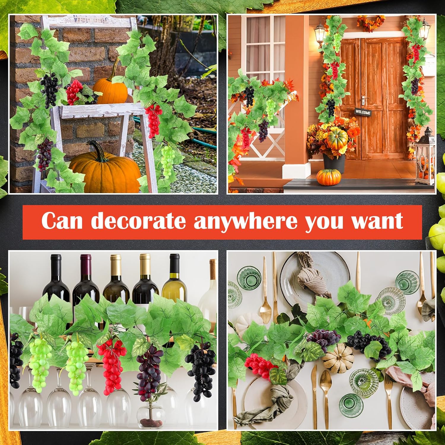 8 Bunches Artificial Grape with 2 Pcs Artificial Vines Decor