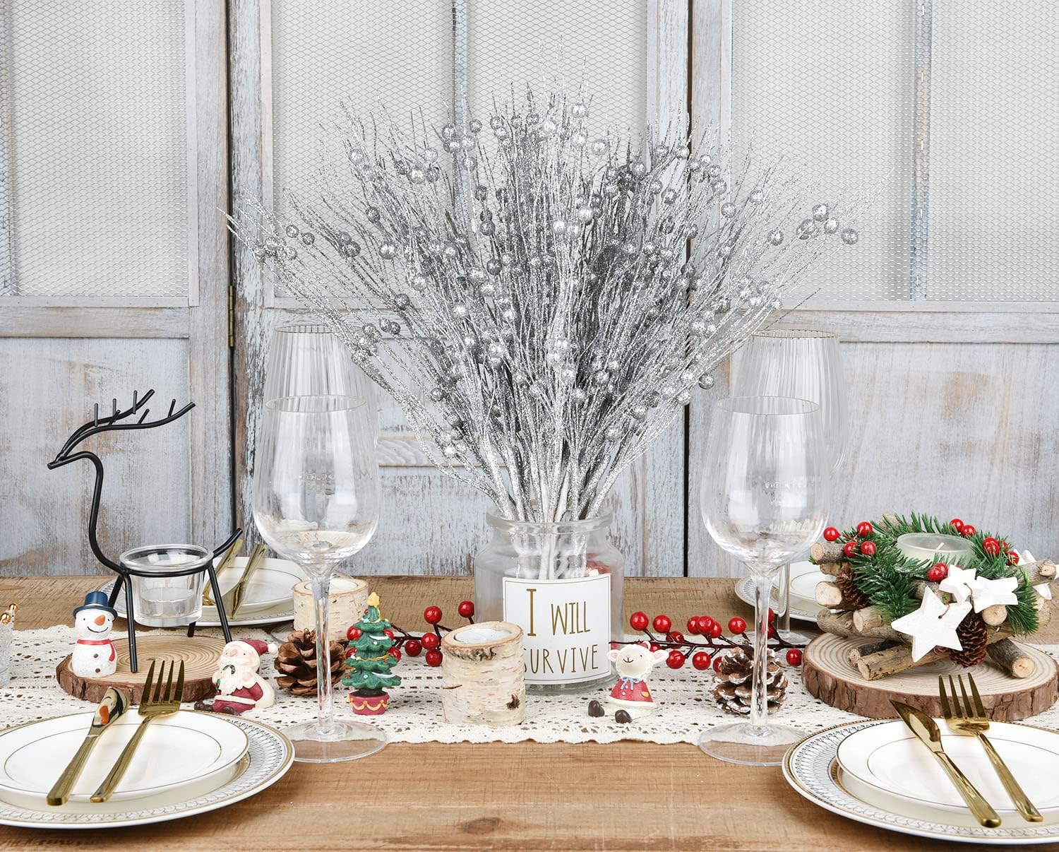 Lvydec 22pcs Christmas Glitter Berries Stems Silver