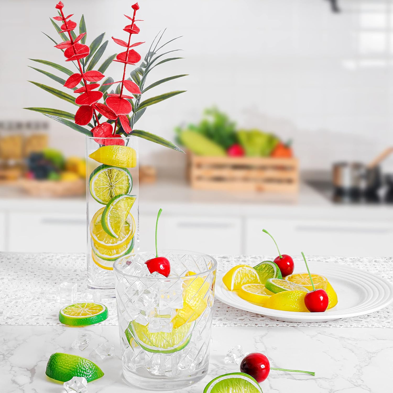 Tevrel 70Pcs Artificial Lifelike Cherries Lemon Slices and Wedges Decor