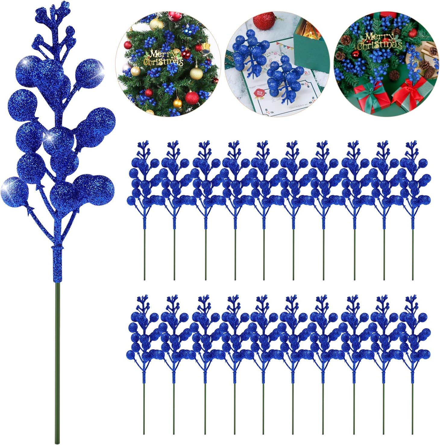 20 Pack 78 Inch Royal Blue Christmas Glitter Berries Stems