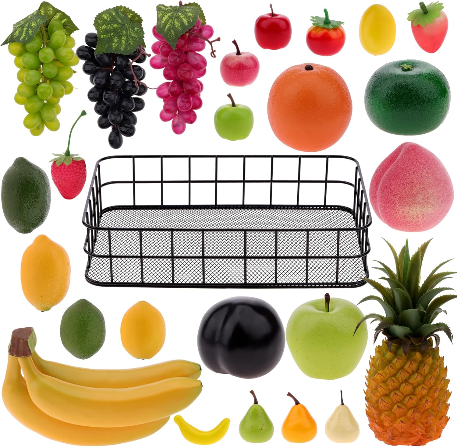 Woration Black Fruit Basket with 25 Artificial Fruits Set