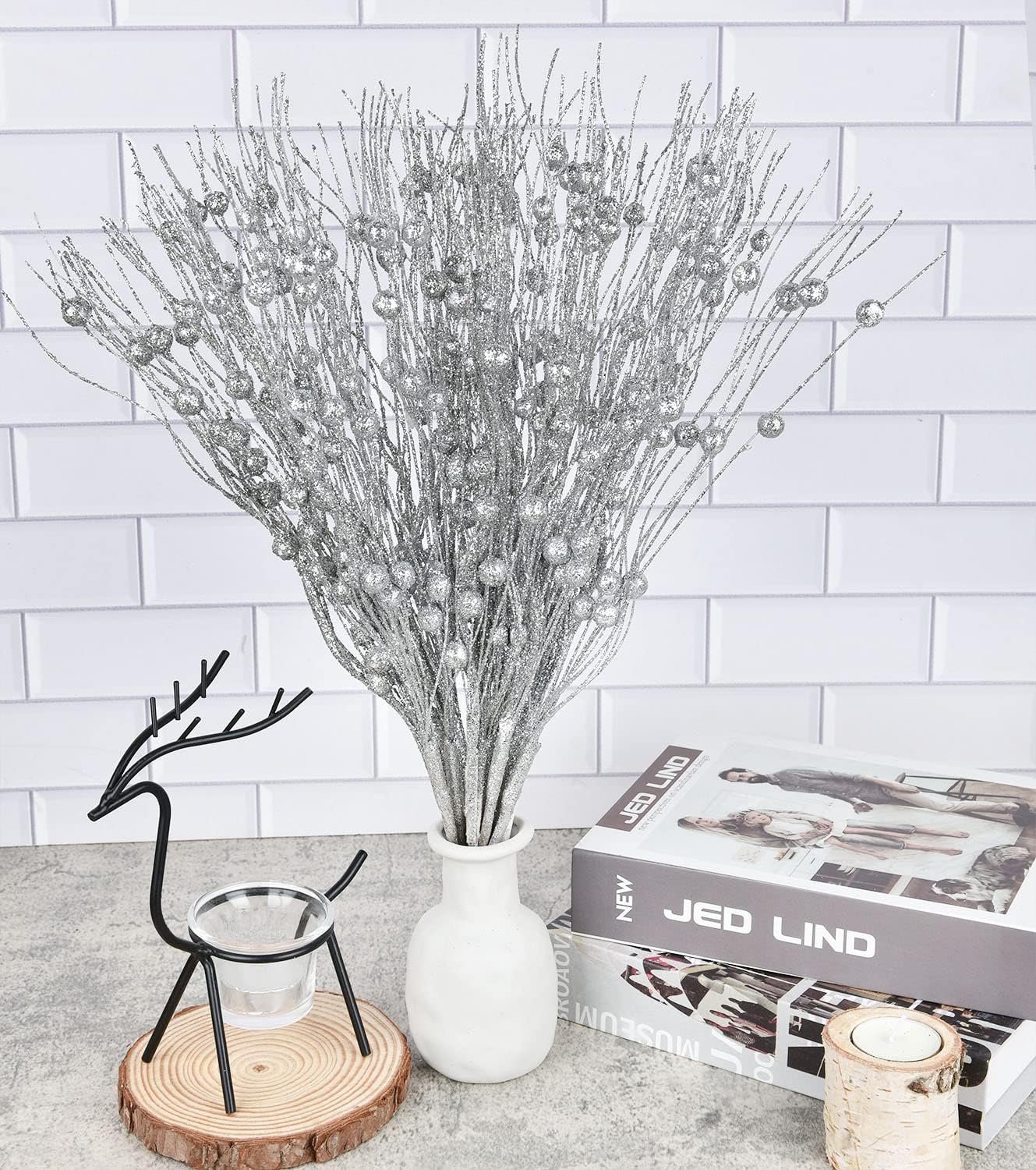Lvydec 22pcs Christmas Glitter Berries Stems Silver