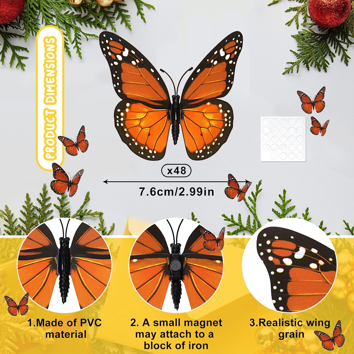 Monarch Butterfly Wall Decor Halloween 3D Orange Artificial 48 Pieces