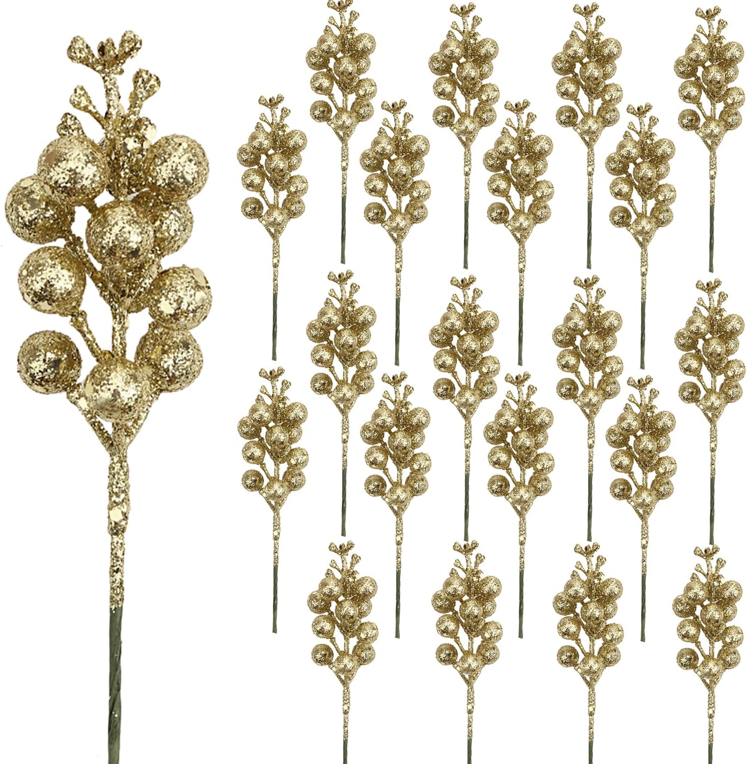 DIYASY Champagne Glitter Berry Stems 20Pcs Artificial Christmas Decor
