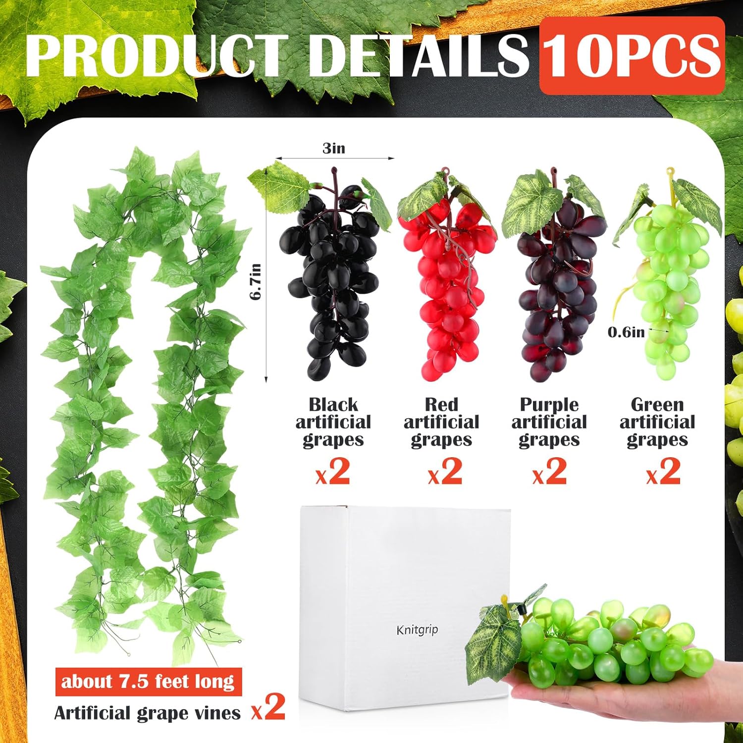 8 Bunches Artificial Grape with 2 Pcs Artificial Vines Decor