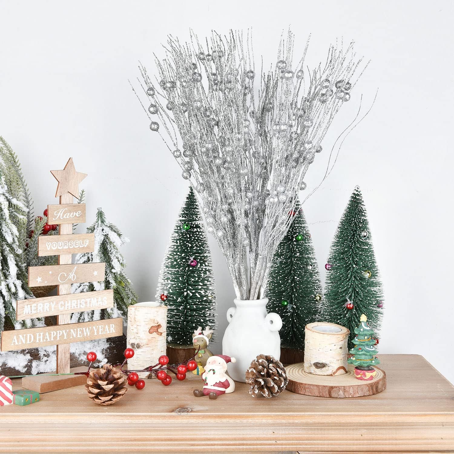 Lvydec 22pcs Christmas Glitter Berries Stems Silver