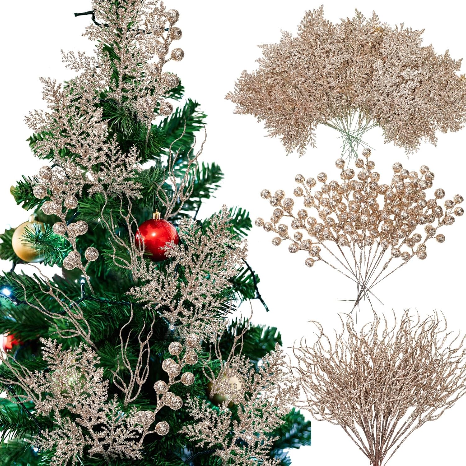 75 Pcs Champagne Gold Christmas Glitter Branches