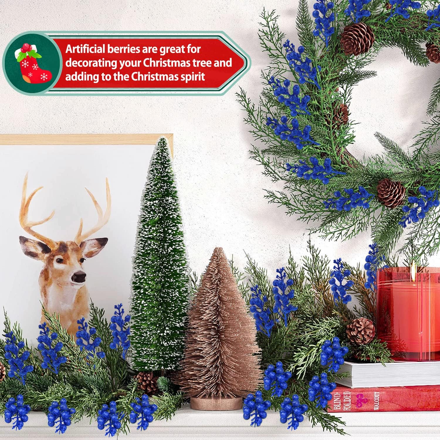 20 Pack 78 Inch Royal Blue Christmas Glitter Berries Stems