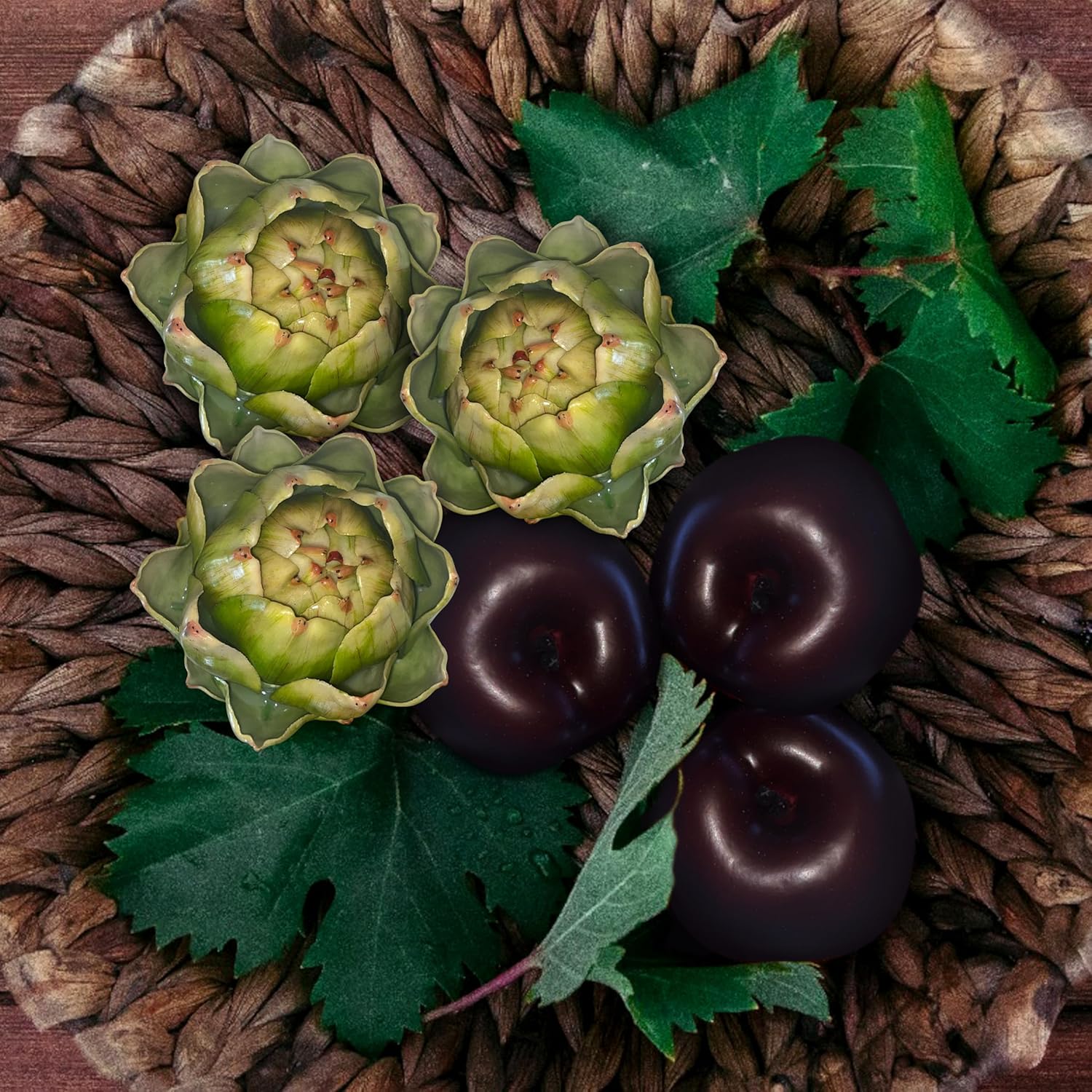 Faux Artichokes and Apples for Decor