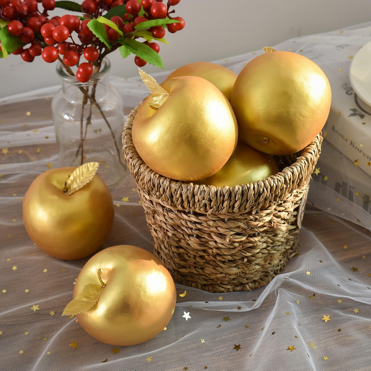 Lifelike Gold Artificial Apples for Home Decor 6PCS